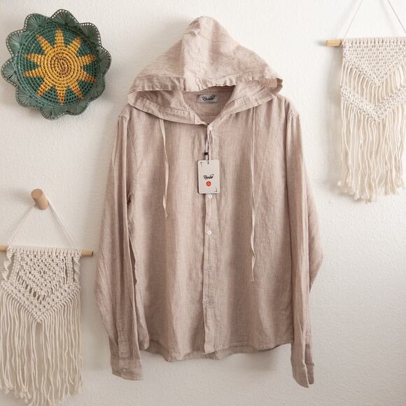 Reverb Tan and Cream Stripe Hooded Casual Button Down Shirt Size Medium NWT - Picture 1 of 5